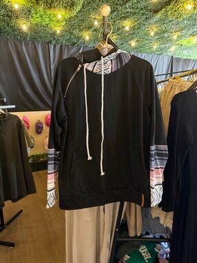 Black Hoodie Sweater with Patterned Sleeve Accents A074